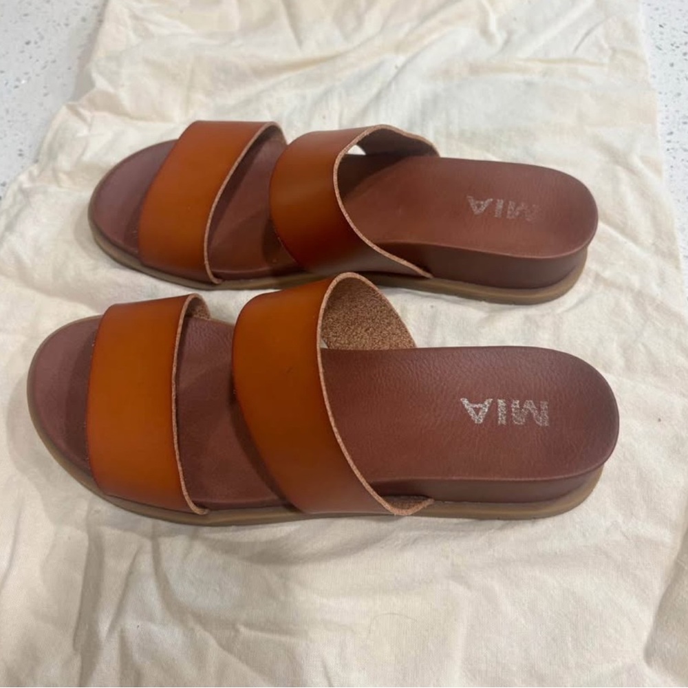 MIA Tan Leather Slide Sandals Minimalist Design